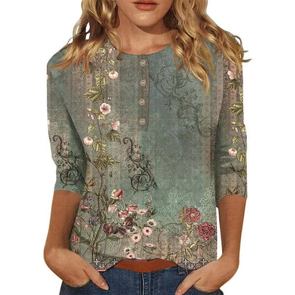 Printed 34 Sleeves Button Women's T-shirt