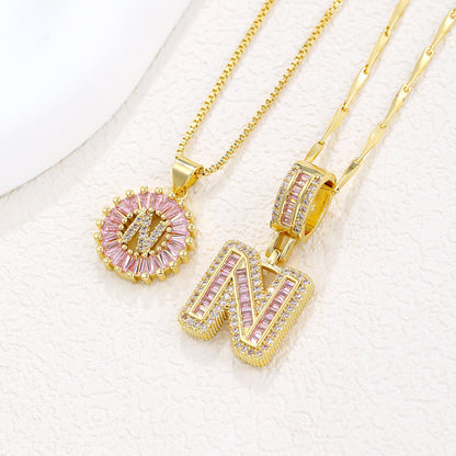 26 Letter Pendant Necklace Copper Inlaid Zirconium Plated Real Gold
