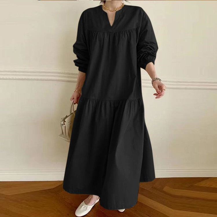 National Style Retro Cotton And Linen V-neck Shirt Sleeve Length Large Swing Dress