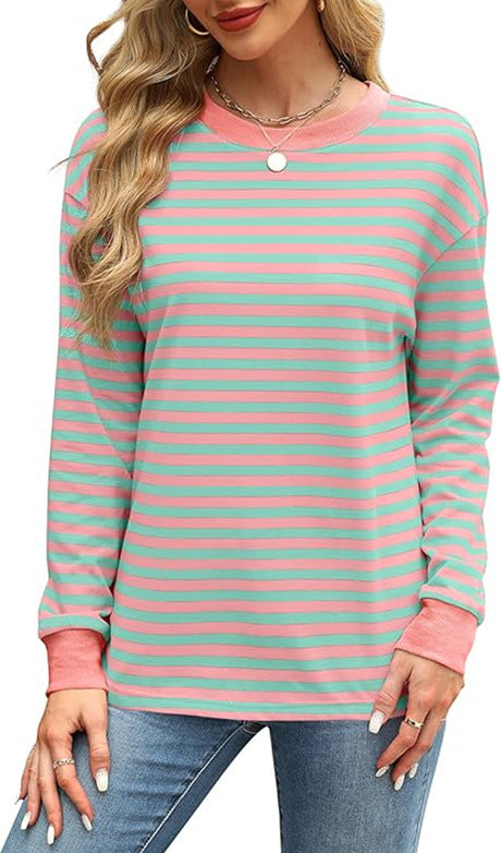 Fashion Color Contrast Loose Round Neck Striped Long Sleeve
