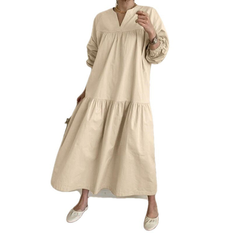 National Style Retro Cotton And Linen V-neck Shirt Sleeve Length Large Swing Dress