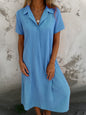 Loose Short Sleeves V-neck Solid Color Cotton And Linen Shirt Dress