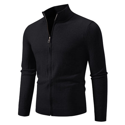 Stand Collar Simple Zipper Solid Color Cardigan Sweater