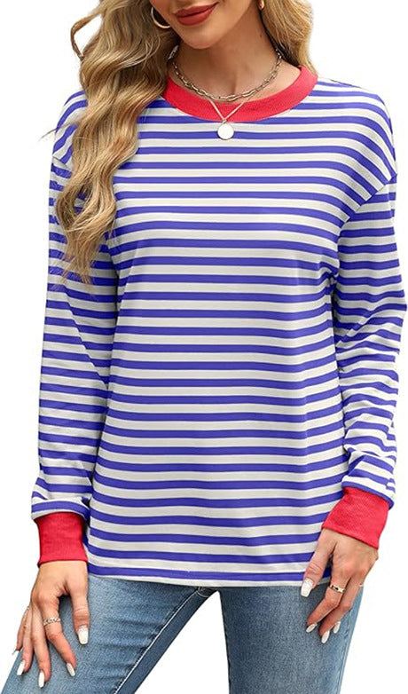 Fashion Color Contrast Loose Round Neck Striped Long Sleeve
