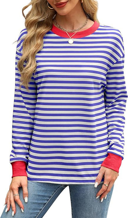 Fashion Color Contrast Loose Round Neck Striped Long Sleeve