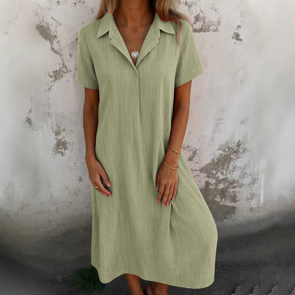 Loose Short Sleeves V-neck Solid Color Cotton And Linen Shirt Dress