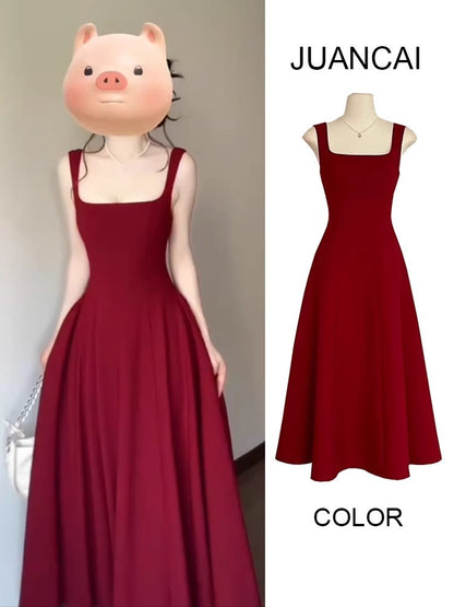 Red Slip Dress Women's Summer French Square Collar Sleeveless Collection