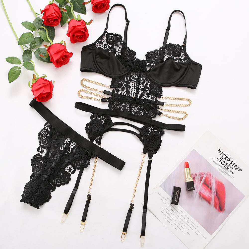 Women's Three-point Pierced Black Backless Lace Suit