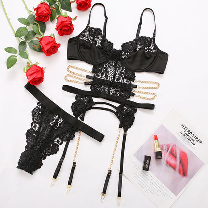 Women's Three-point Pierced Black Backless Lace Suit
