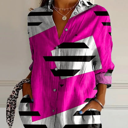 Striped Long-sleeved Shirt Women's Rainbow Cardigan Contrast Color Coat Lapel