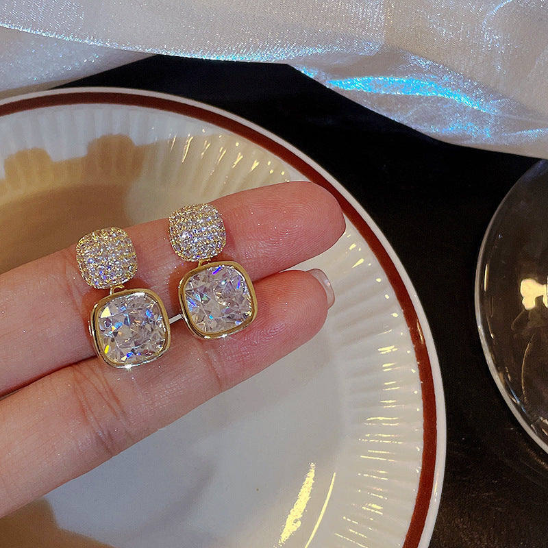 Simple Square Zircon Stud Earrings Ins Light Luxury High-end Women's New All-matching