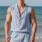 Sleeveless Linen Polo Collar Solid Color Cardigan Beach Shirt Vest