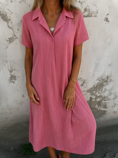 Loose Short Sleeves V-neck Solid Color Cotton And Linen Shirt Dress
