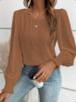 Women's Ruffled Pleated Long Sleeve Round Collar Top Shirt