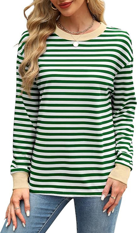 Fashion Color Contrast Loose Round Neck Striped Long Sleeve