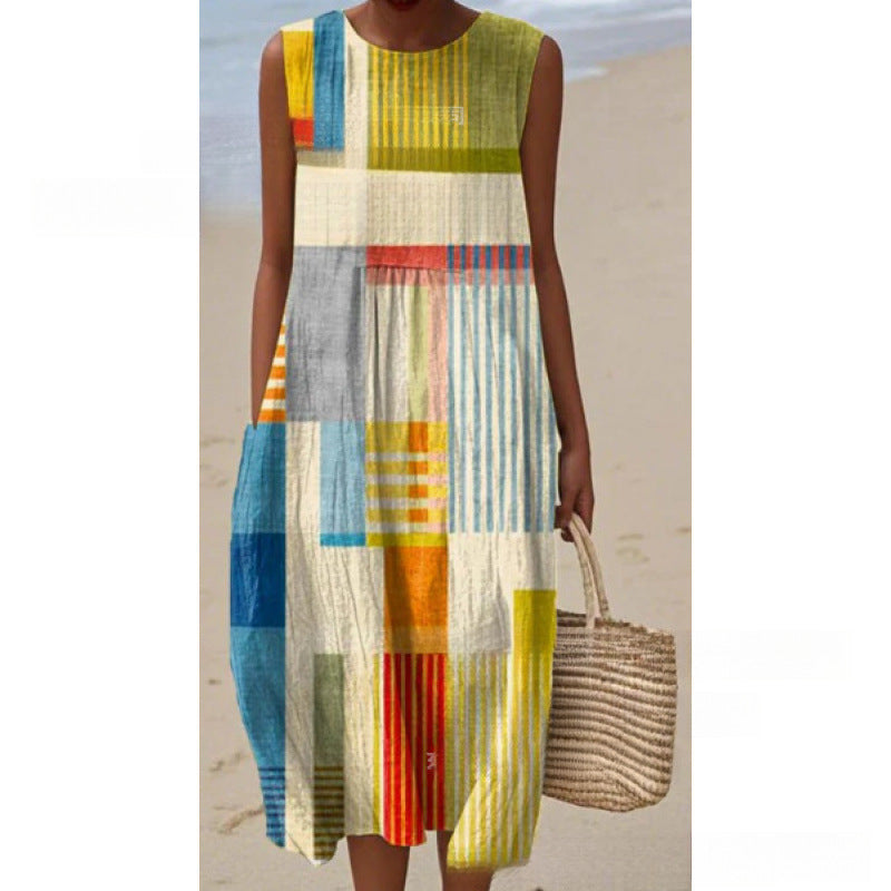Sleeveless Casual Printed Dress Slim Fit